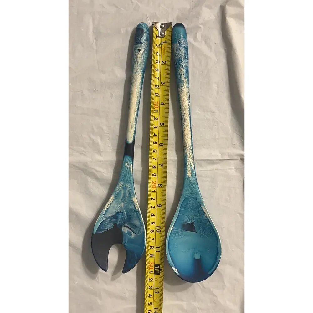 Resin Swirl Salad Set Utensil 2 Pc Blue - Excellent